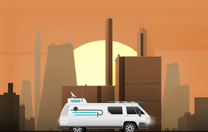 Van in front of city with sunset