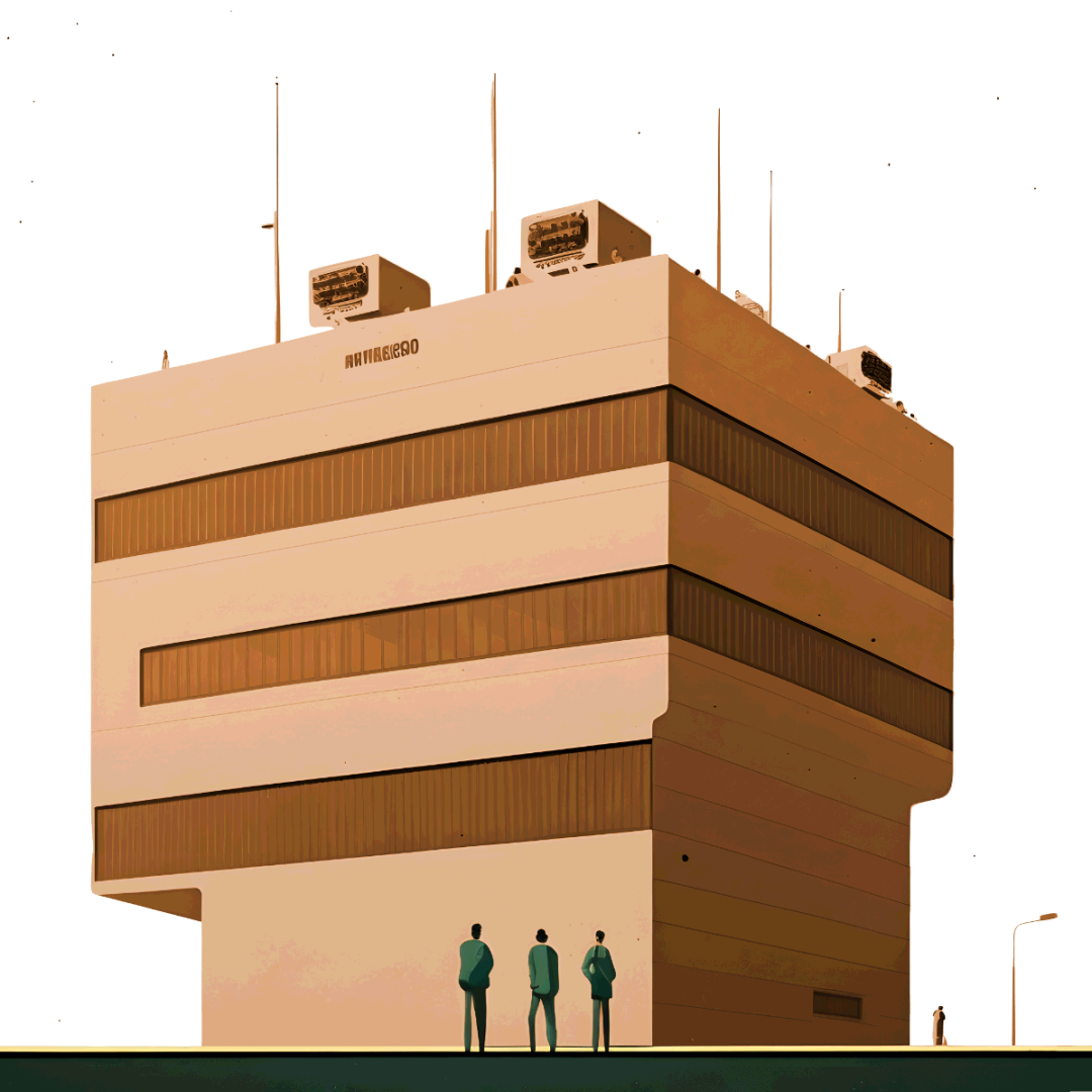 building with 3 people in front